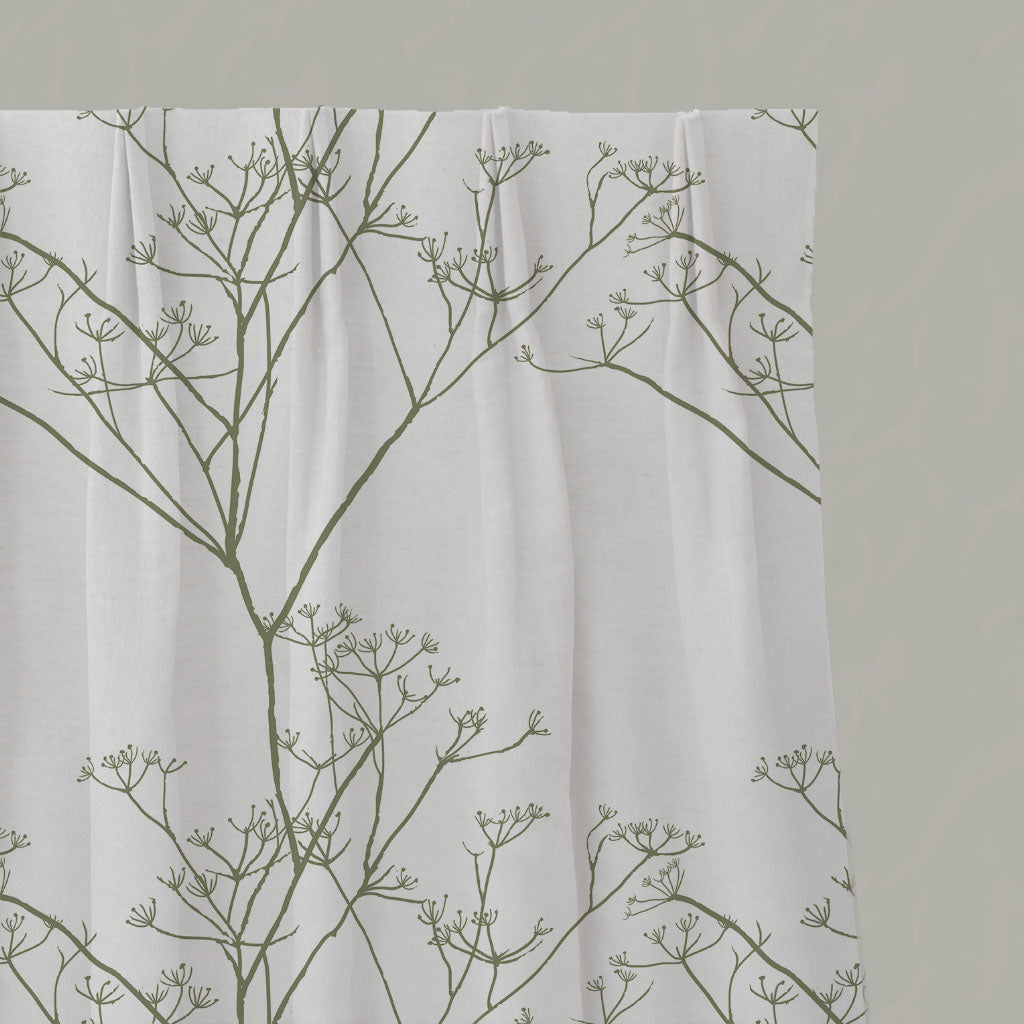 Green Floral Linen Pleated Curtains - Cicely Moss - White base fabric.