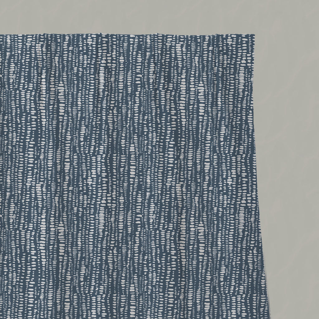 Blue Patterned Linen Pleated Curtains - Dora-INV-WHT Ink - White base fabric.