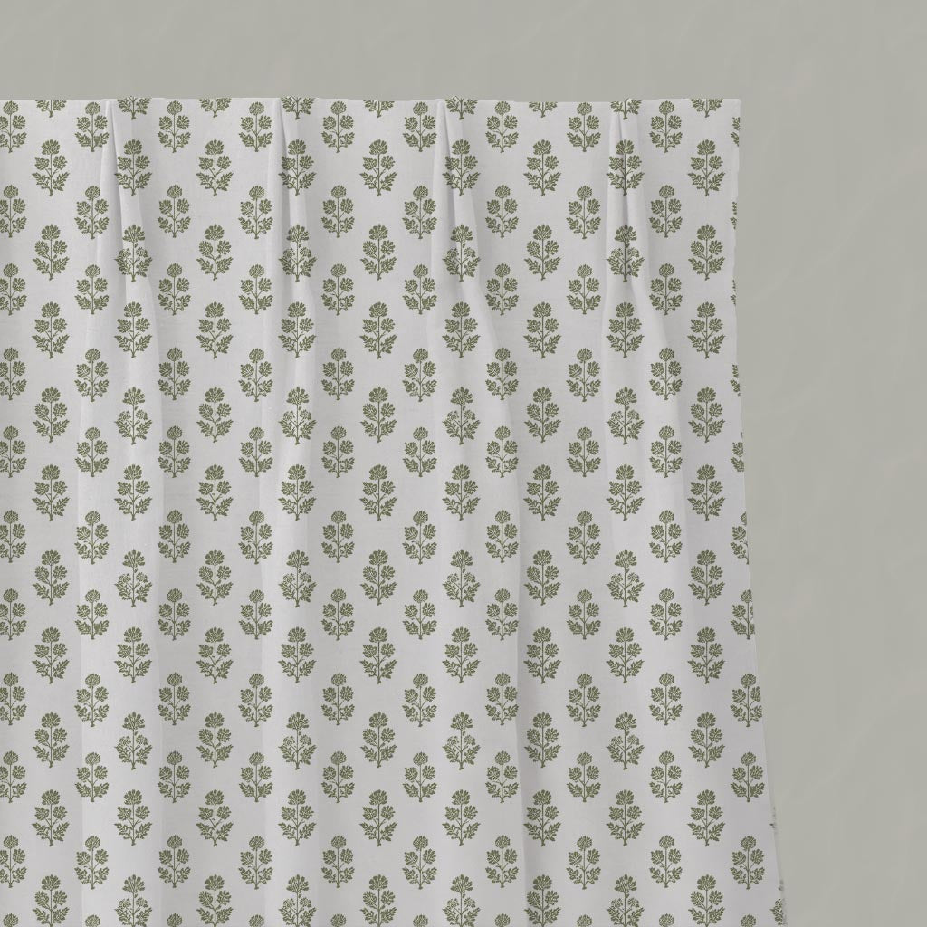 Green Floral Linen Pleated Curtain - Doris Moss-WHT - White base fabric.