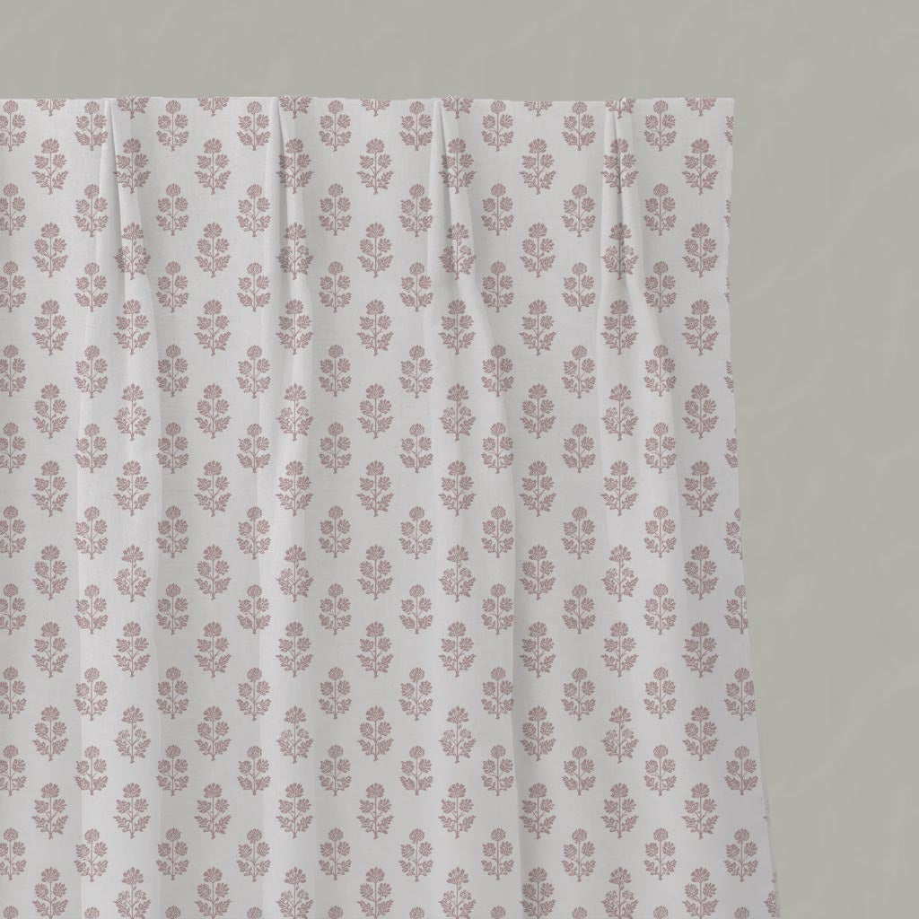 Pink Floral Linen Pleated Curtain - Doris Peony-WHT - White base fabric.