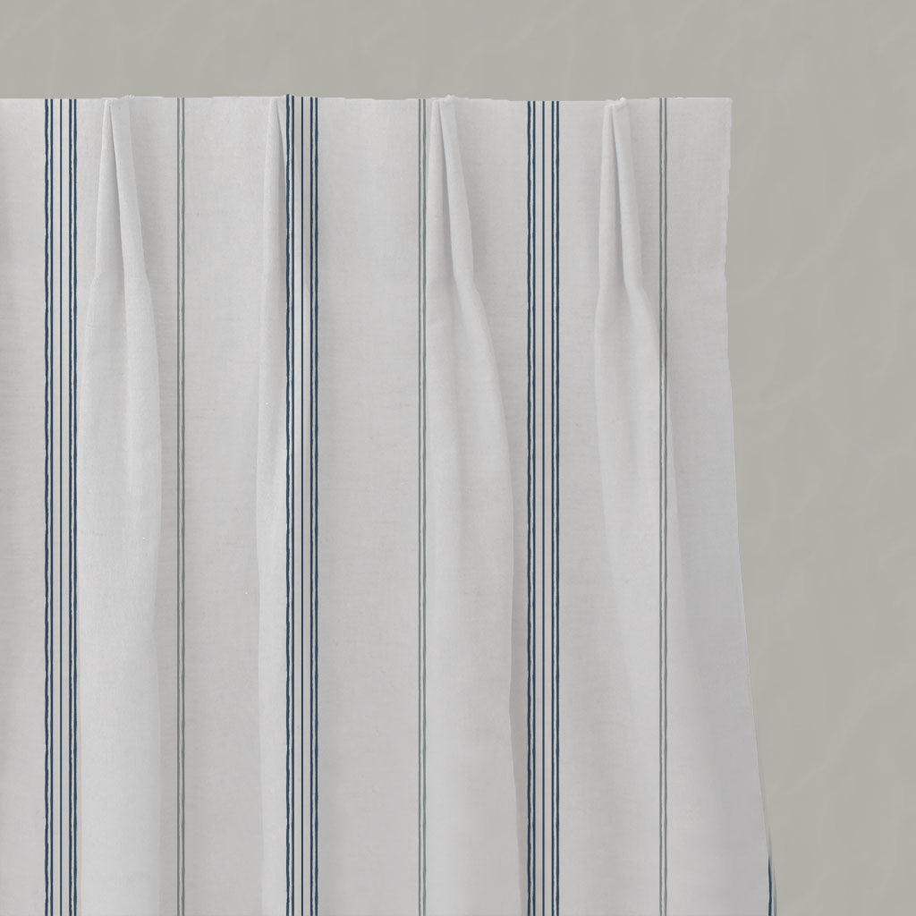 Grey / Blue Striped Linen Pleated Curtains - Elise Ink-WHT - White base fabric.