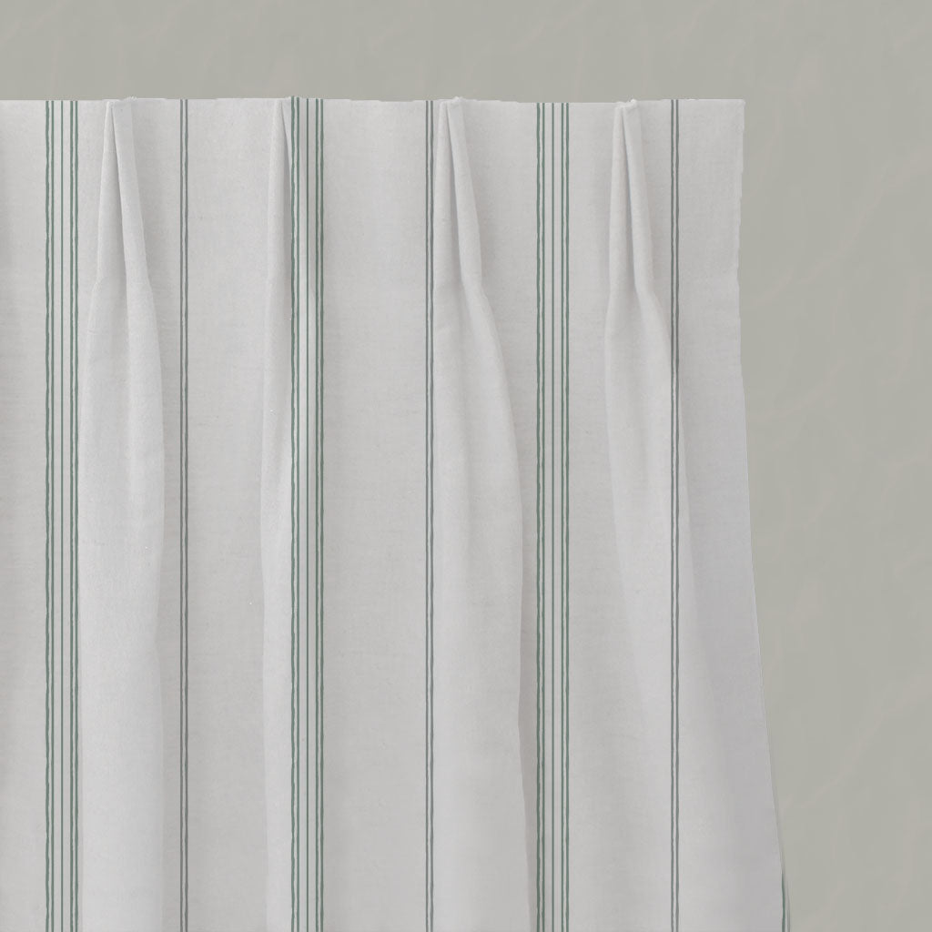 Grey / Green Striped Linen Pleated Curtains - Elise Meadow-WHT - White base fabric.