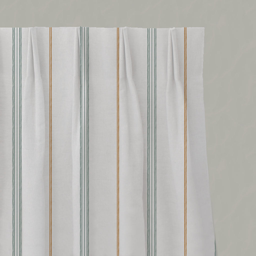Green / Orange Striped Linen Pleated Curtains - Elise Sage Ochre-WHT - White base fabric.