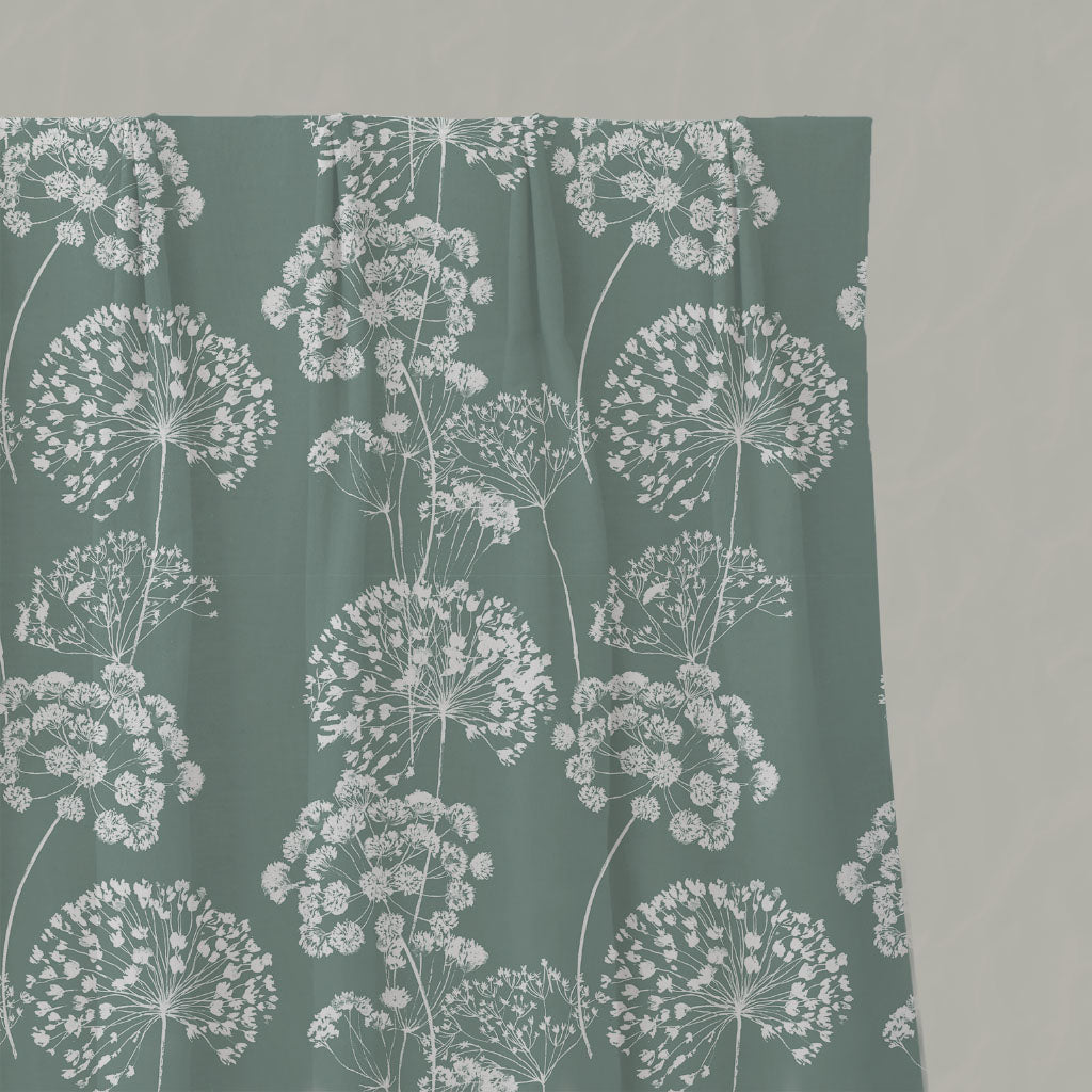 Green Floral Linen Pleated Curtains - Erleen INV Sage - White base fabric.
