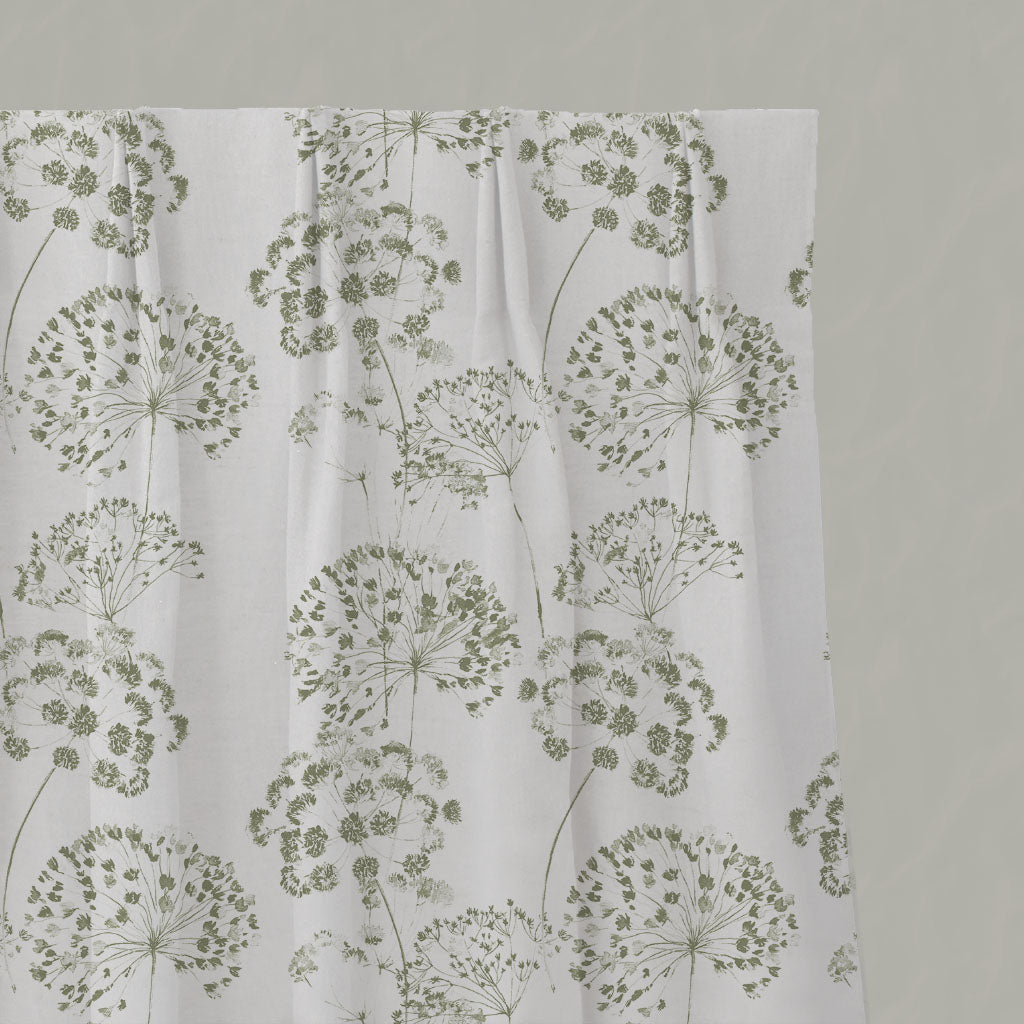 Green Floral Linen Pleated Curtains - Erleen Moss - White base fabric.