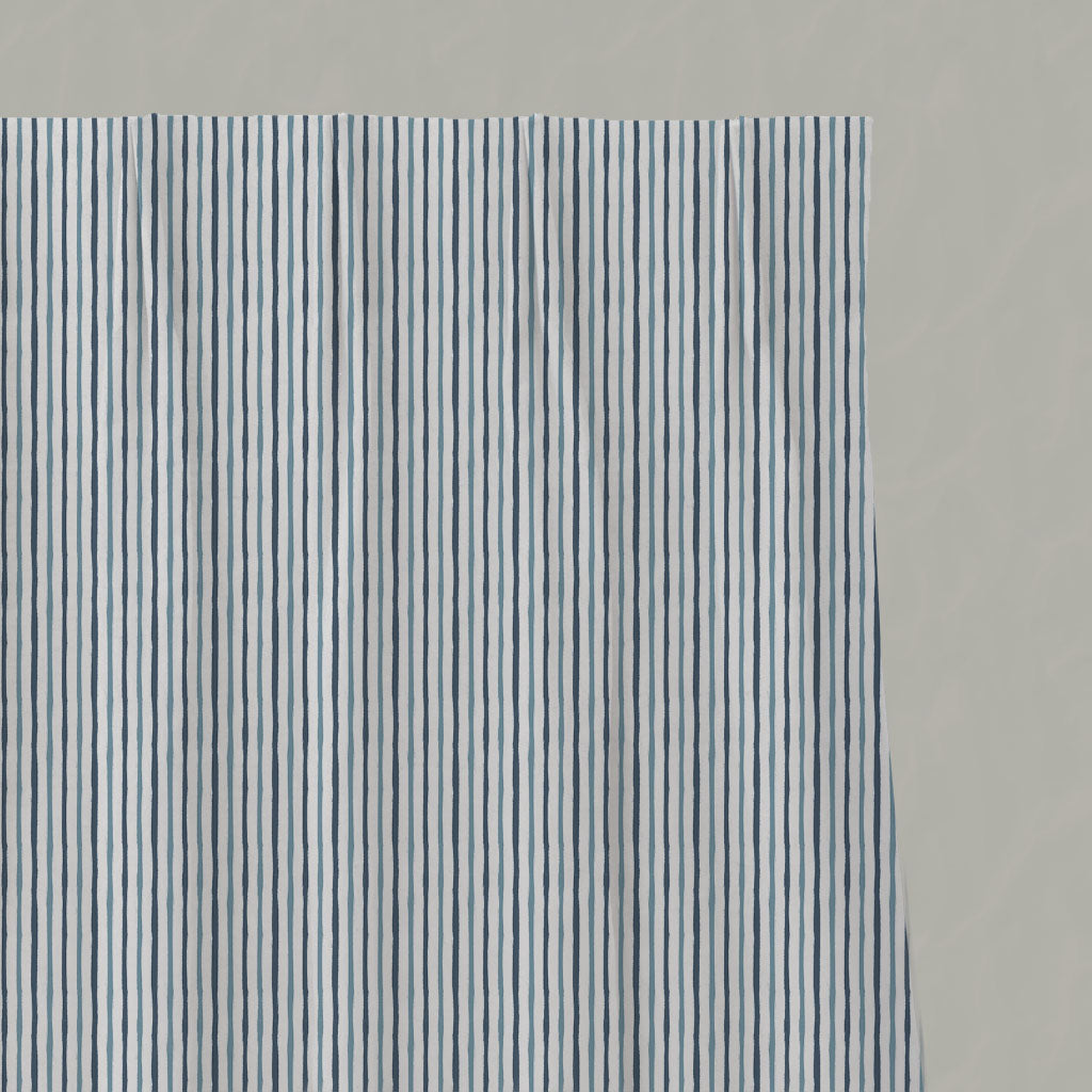Blue Striped Linen Pleated Curtains - Evelina Ink-WHT - White base fabric.