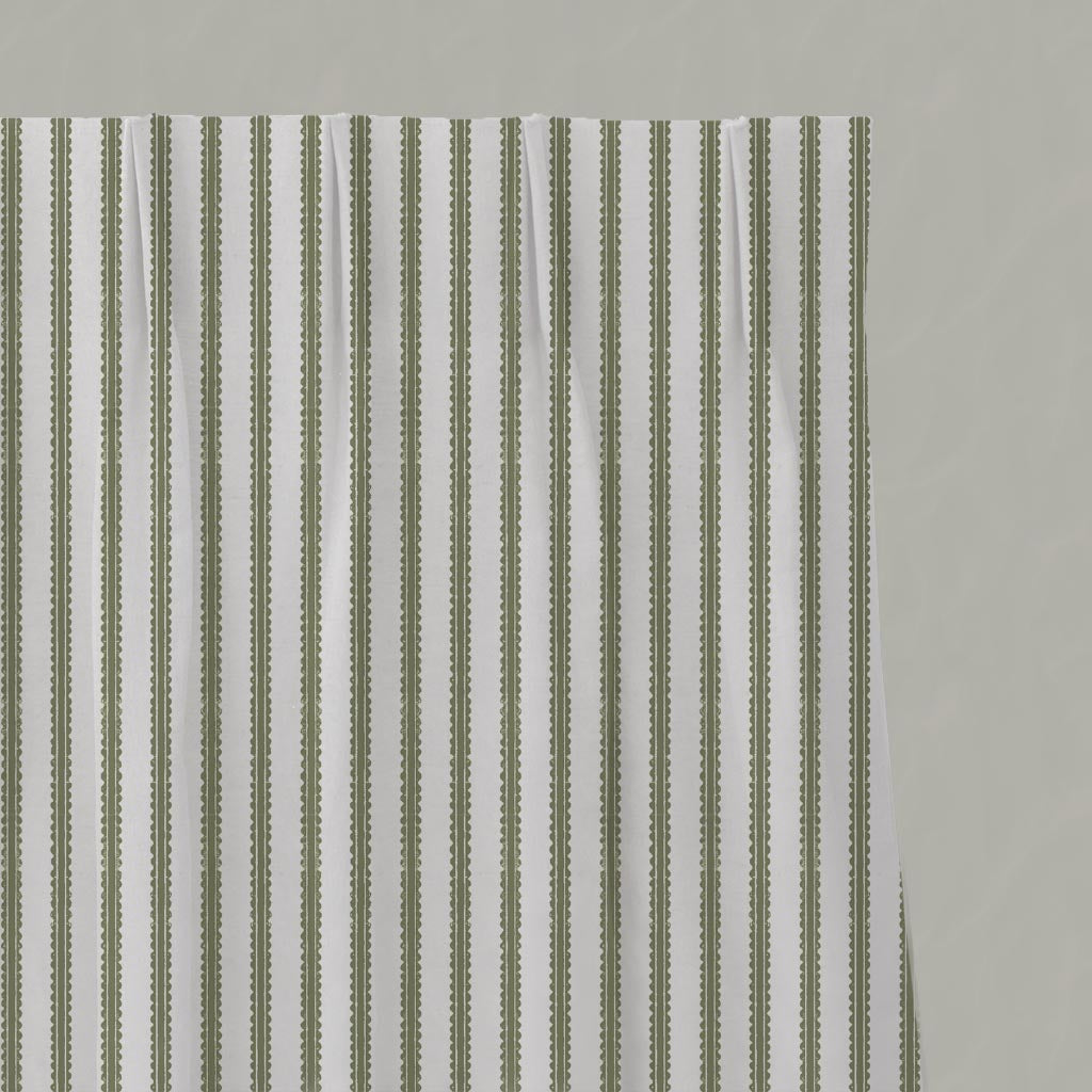 Green Patterned Linen Pleated Curtain - Fionna Moss-WHT - White base fabric.