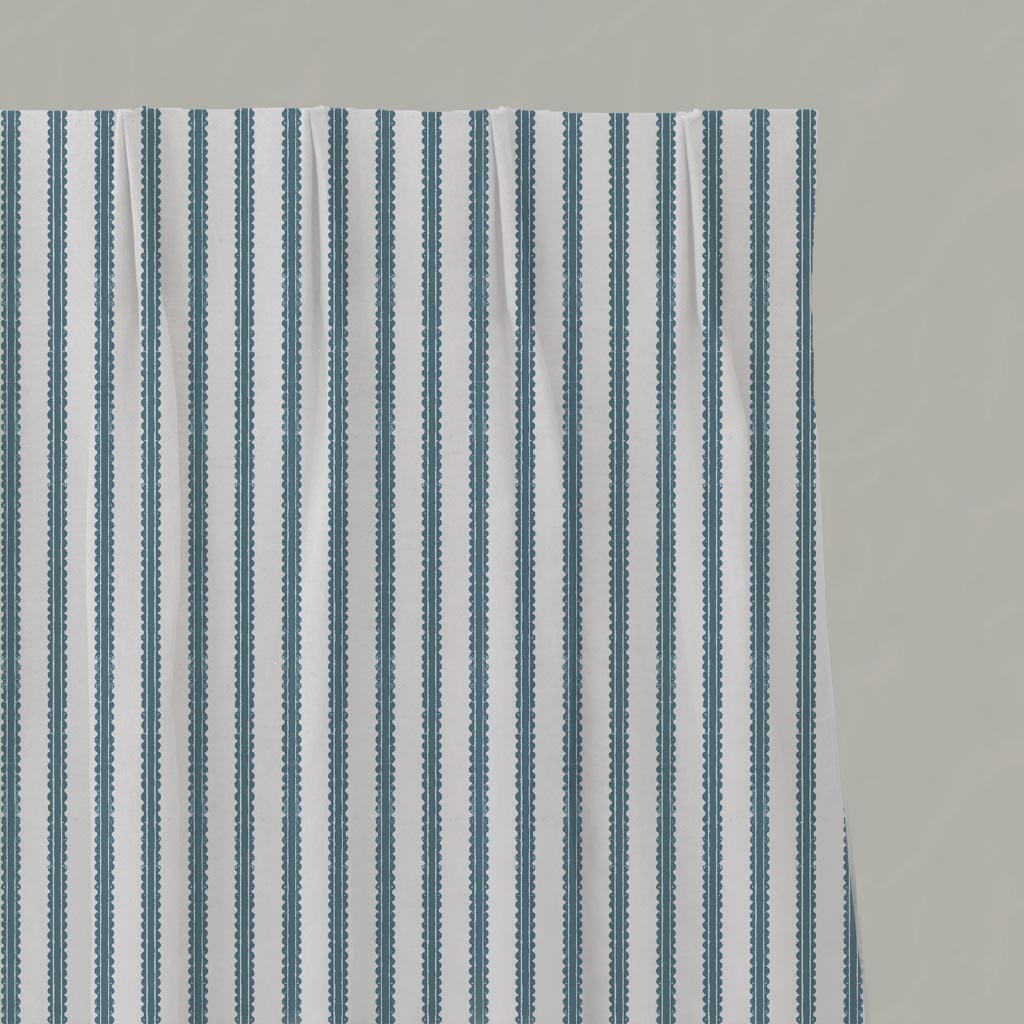Blue Patterned Linen Pleated Curtain - Fionna Paris Blue-WHT - White base fabric.