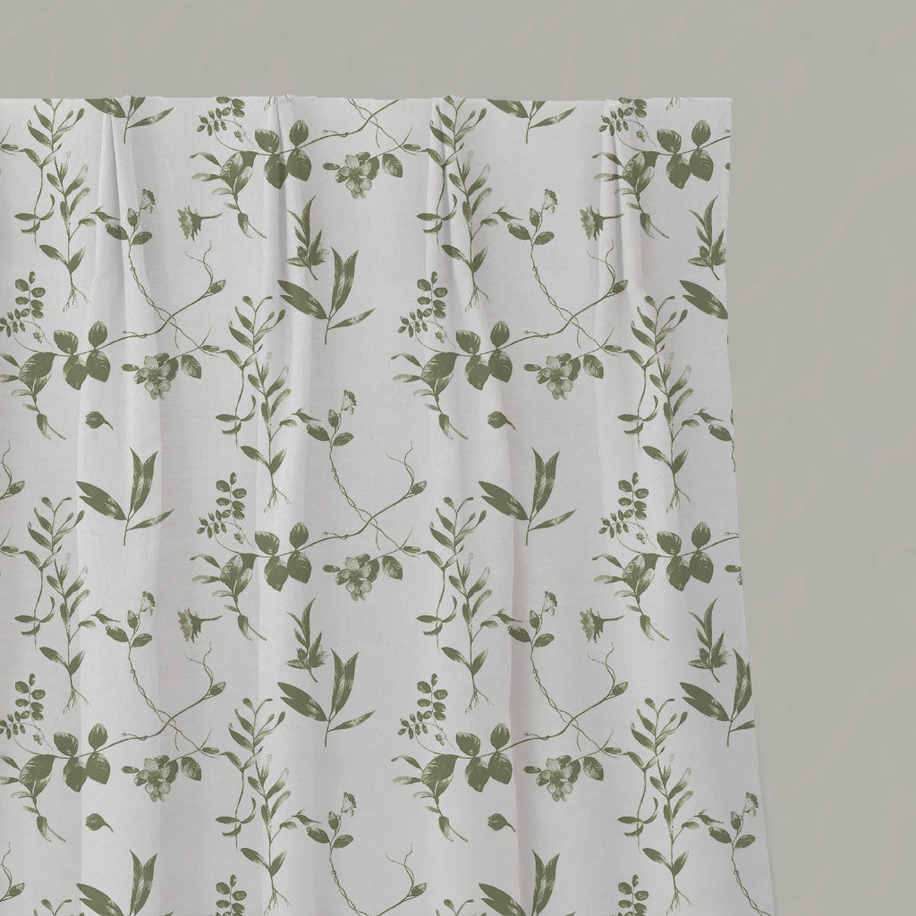Green Floral Linen Pleated Curtains - Flora Moss-WHT - White base fabric.