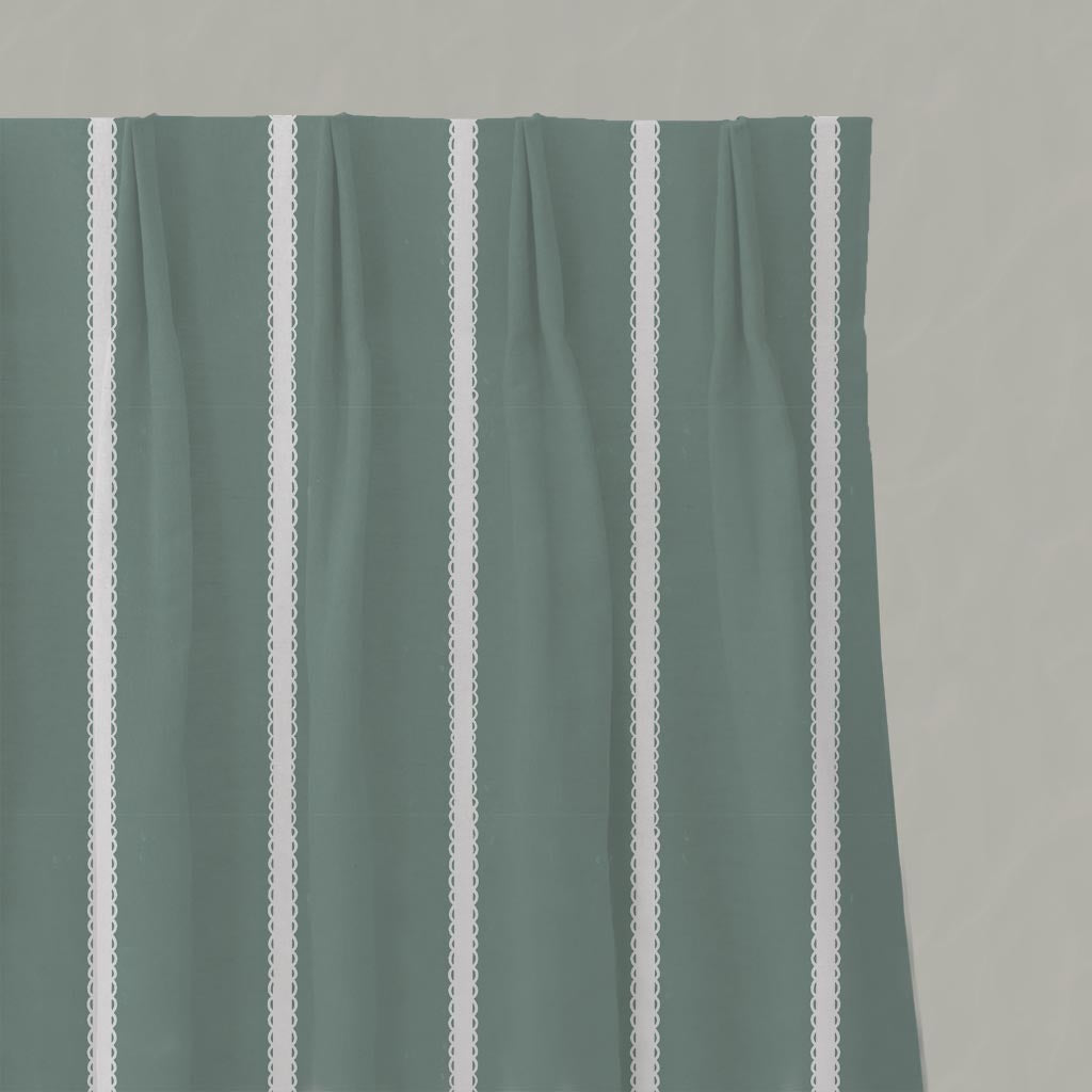 Light Green Striped Linen Pleated Curtain - Franny Sage-WHT - White base fabric.
