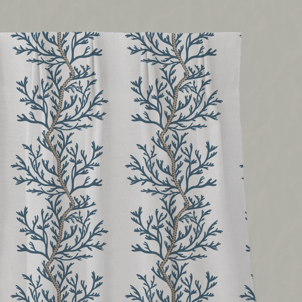 Blue Botanical Linen Pleated Curtains - Galilea Blue - White base fabric.