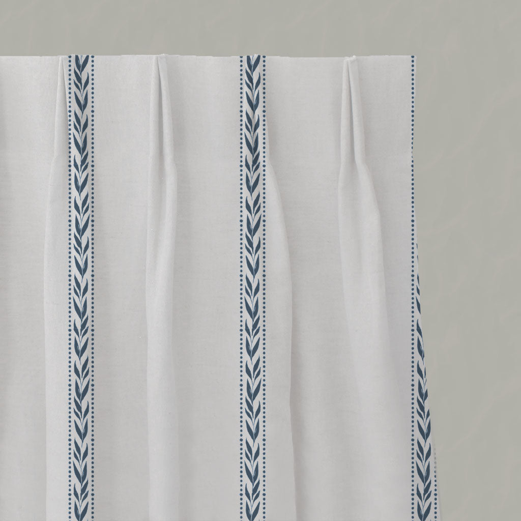 Blue Striped Linen Pleated Curtains - Helena Ink - White base fabric.