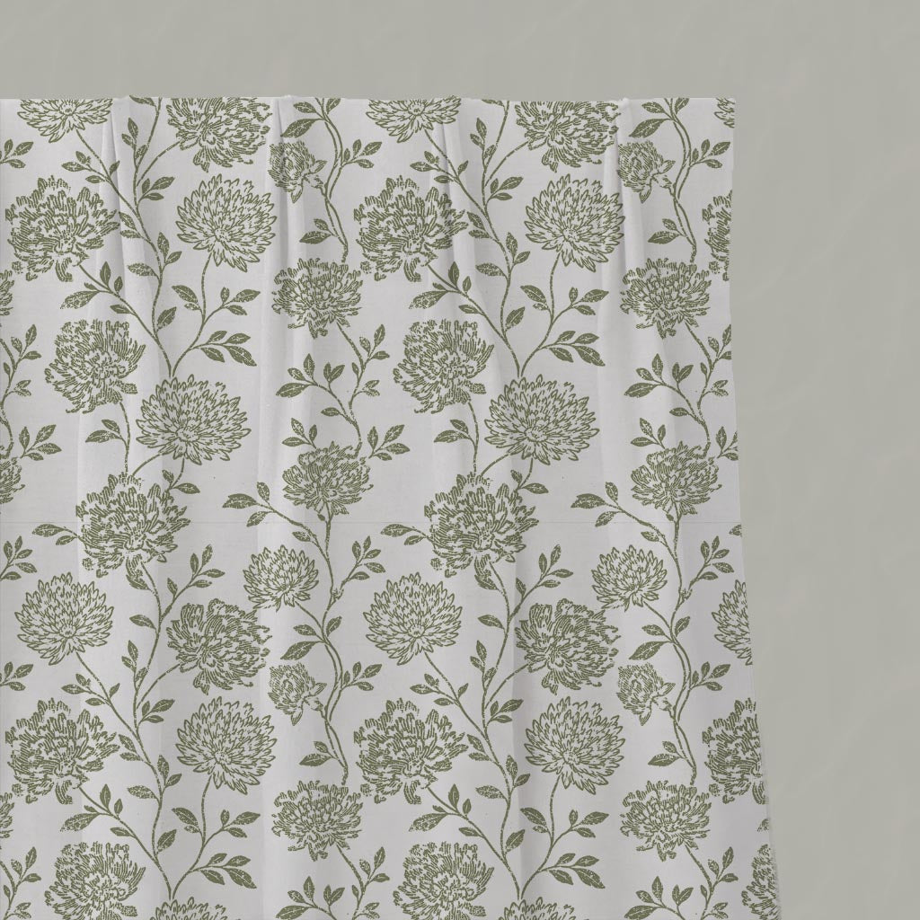 Green Floral Linen Pleated Curtain - Hulsey Moss-WHT - White base fabric.