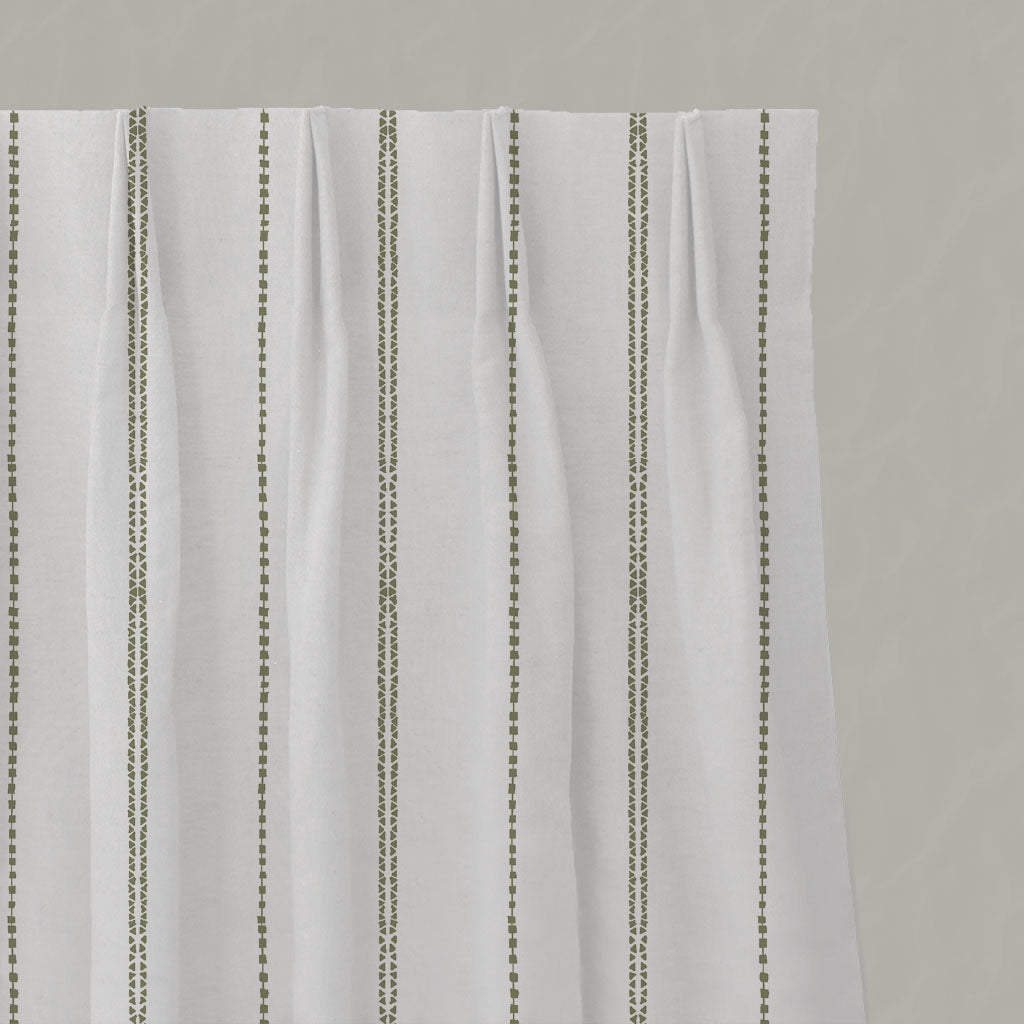 Green Striped Linen Pleated Curtains - Inga Moss - White base fabric.
