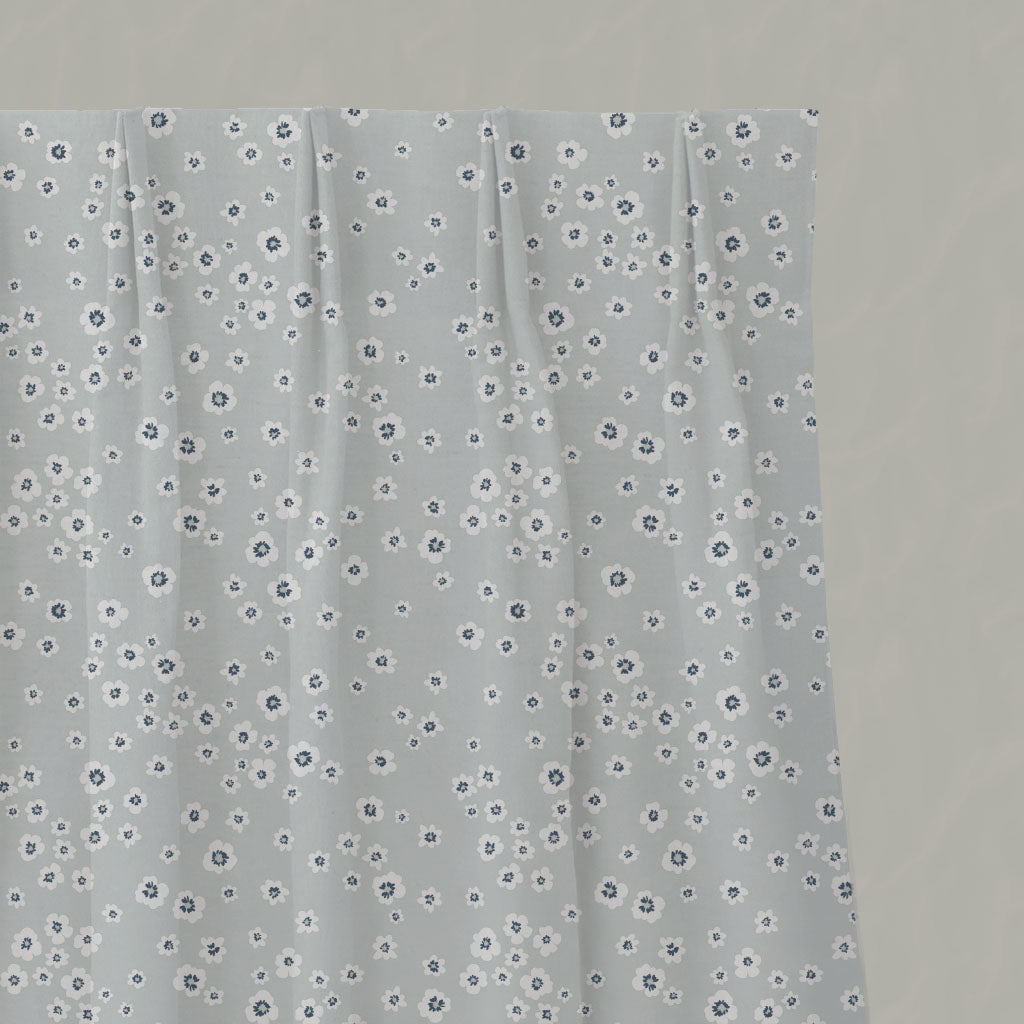 Blue Floral Linen Pleated Curtains - Janika Ink - White base fabric.