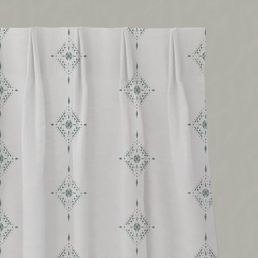 Green Patterned Linen Pleated Curtains - Kaisley Sage-WHT - White base fabric.
