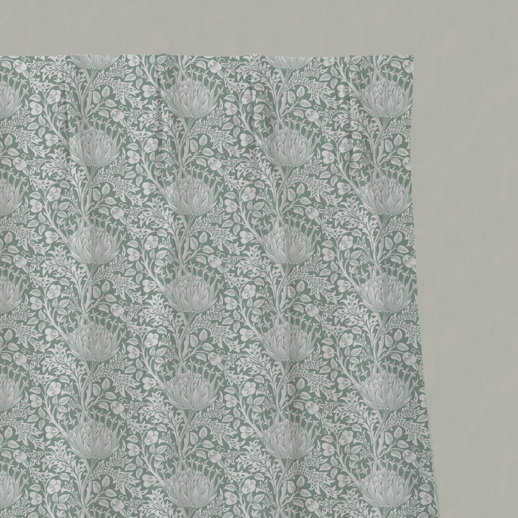 Green Floral Linen Pleated Curtains - Katarina Meadow - White base fabric.