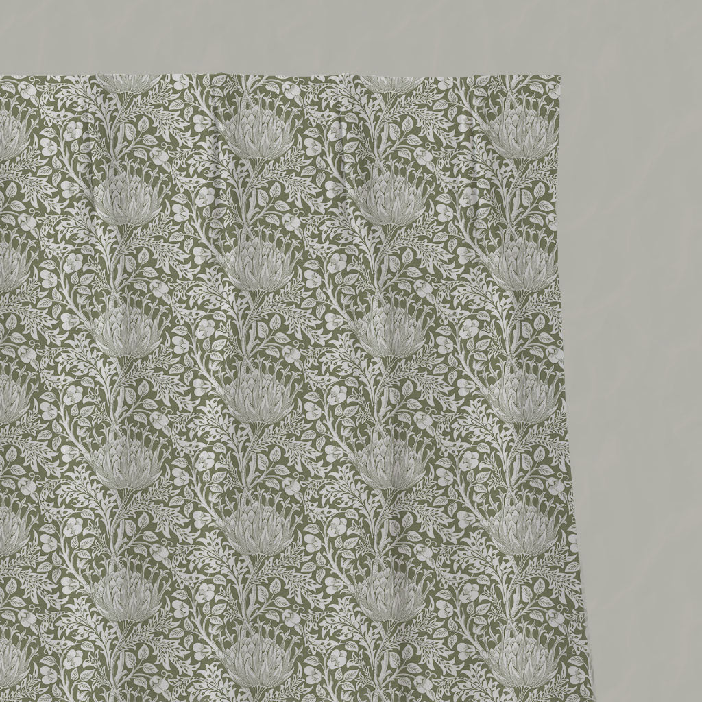 Green Floral Linen Pleated Curtains - Katarina Moss - White base fabric.
