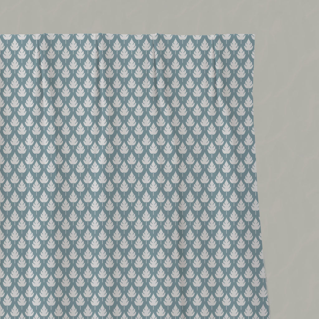 Blue Botanical Linen Pleated Curtains - Kira Shadow Blue - White base fabric.