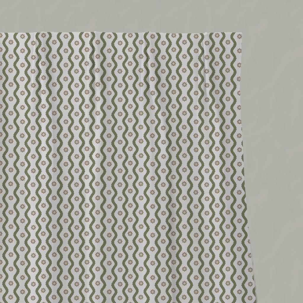 Green Abstract Linen Pleated Curtain - Kirabe Moss-WHT - White base fabric.