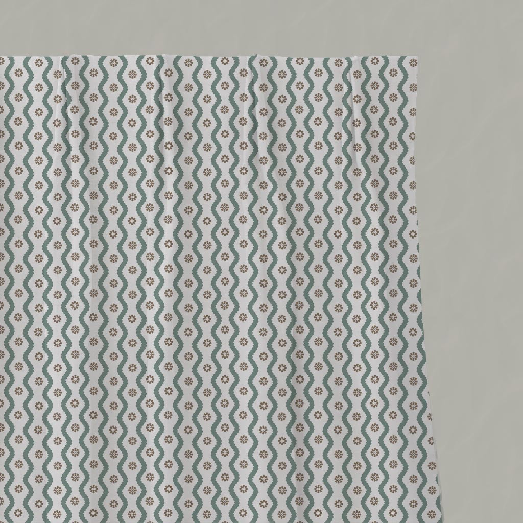 Light Green Abstract Linen Pleated Curtain - Kirabe Sage-WHT - White base fabric.