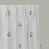 Blue Floral Linen Pleated Curtains - Lisana Agate Blue - White base fabric.