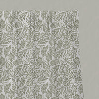 Green Botanical Linen Pleated Curtains - Lisbell Moss-WHT - White base fabric.