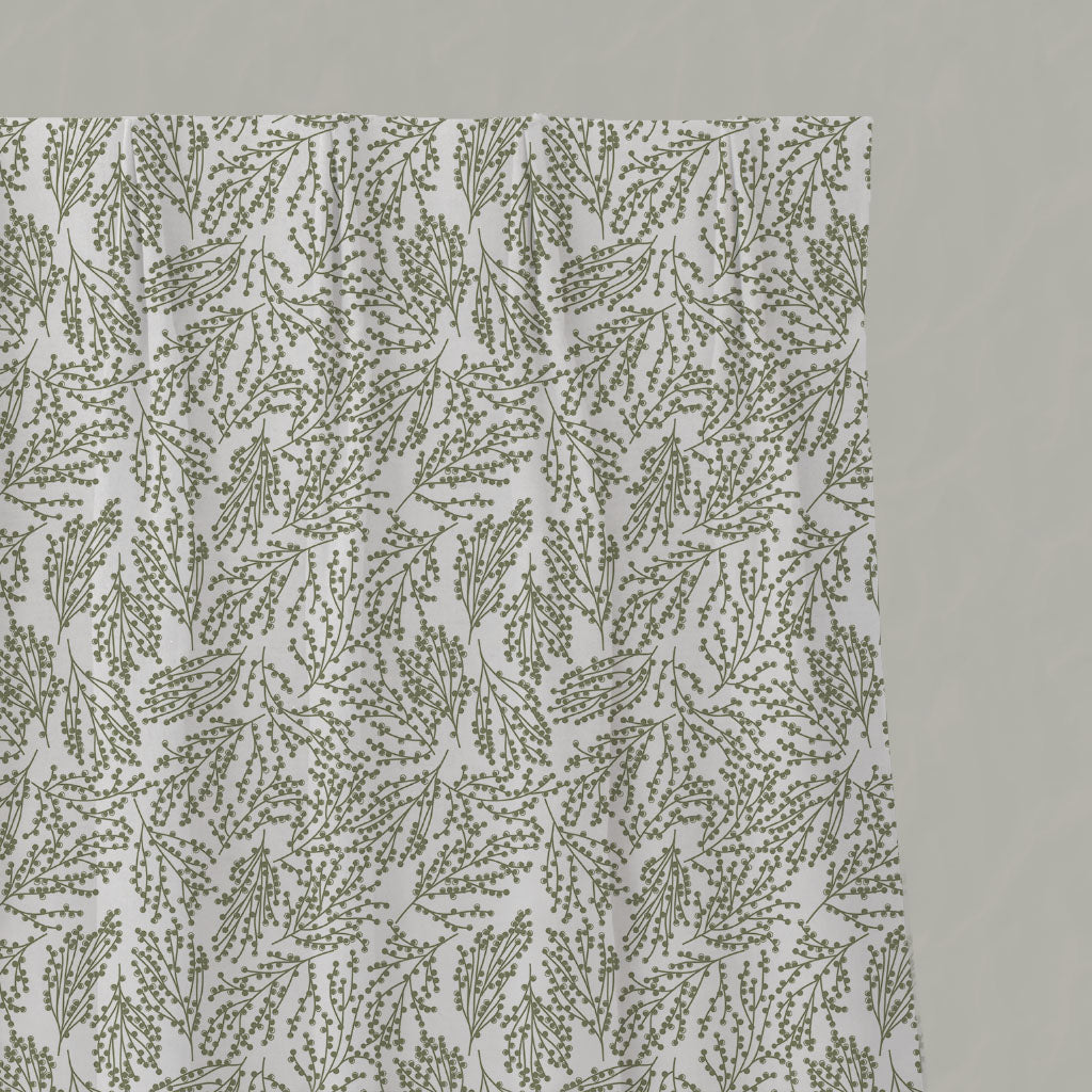Green Botanical Linen Pleated Curtains - Lisbell Moss-WHT - White base fabric.
