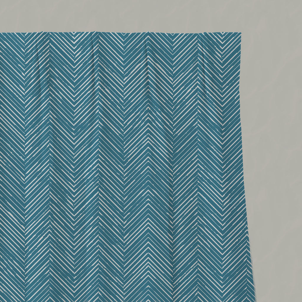 Blue Patterned Linen Pleated Curtains - Lulu Blue Stone - White base fabric.