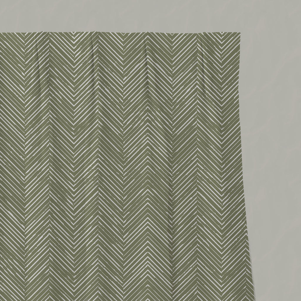 Green Patterned Linen Pleated Curtains - Lulu Moss - White base fabric.