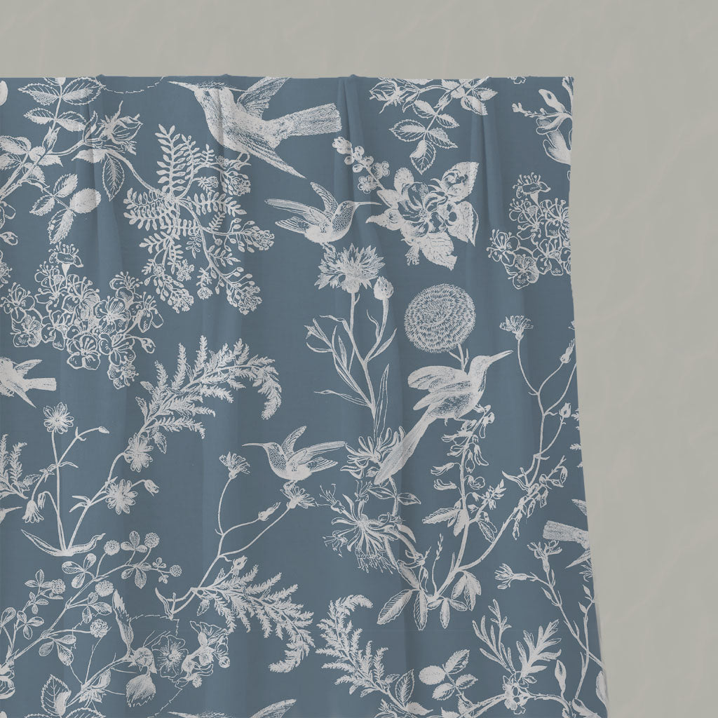 Blue Floral Linen Pleated Curtains - Marianne Agate Blue - White base fabric.