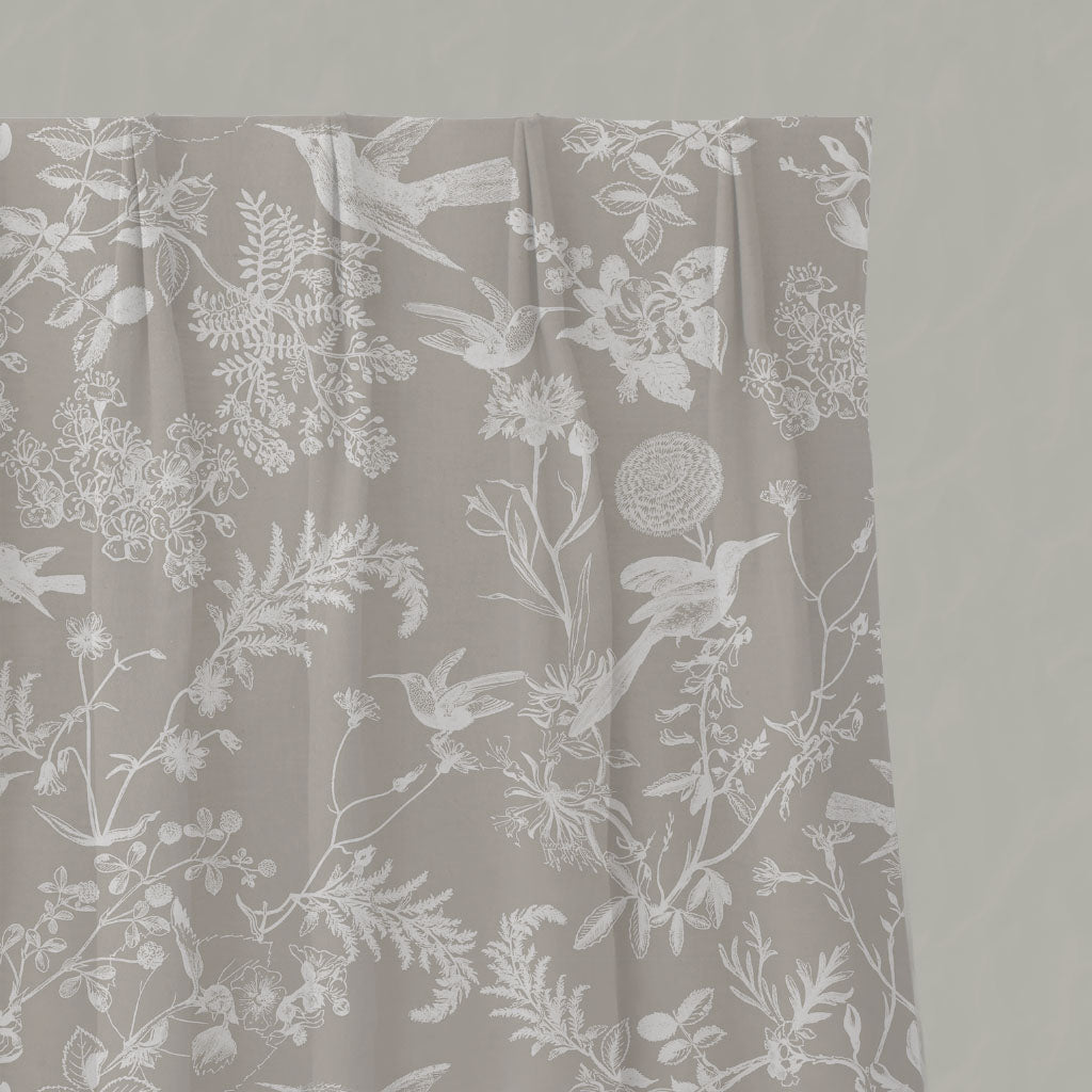 Neutral / Grey Floral Linen Pleated Curtains - Marianne Almond  - White base fabric.