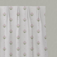 Pink Floral Linen Pleated Curtain - Maryam Pink-WHT - White base fabric.