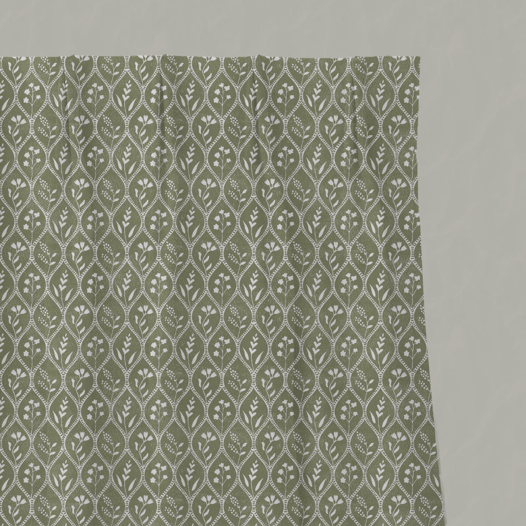 Green Floral Linen Pleated Curtains - Miny Moss-WHT - White base fabric.