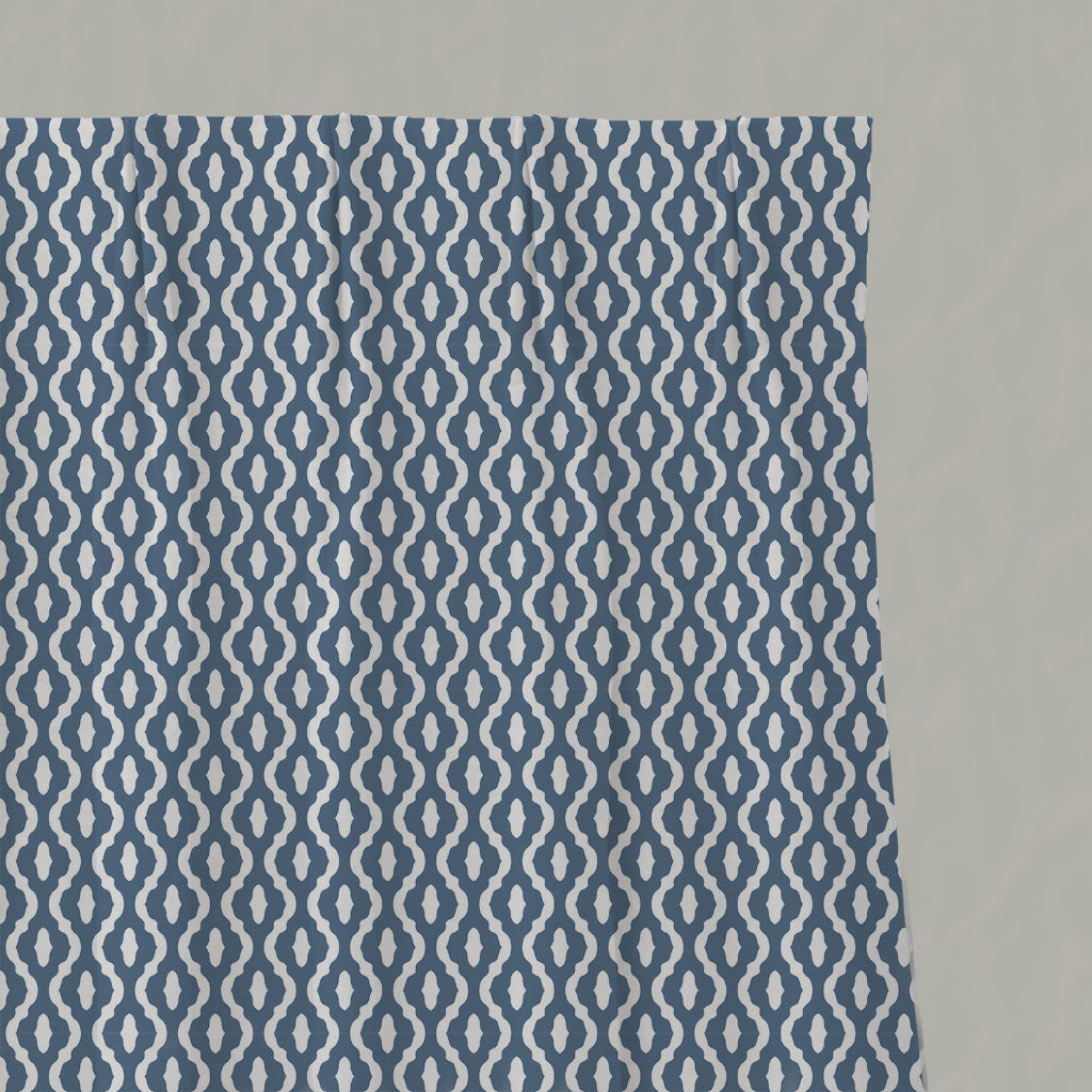 Blue Patterned Linen Pleated Curtains - Oona Denim - White base fabric.