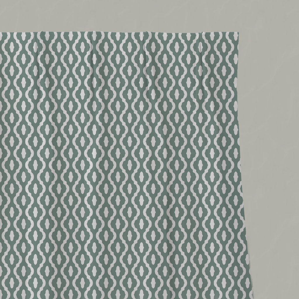 Green Patterned Linen Pleated Curtains - Oona Sage - White base fabric.