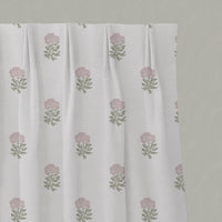 Pink Floral Linen Pleated Curtain - Pearlie Peony-WHT - White base fabric.