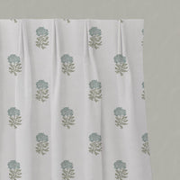 Light Green Floral Linen Pleated Curtain - Pearlie Sage-WHT - White base fabric.