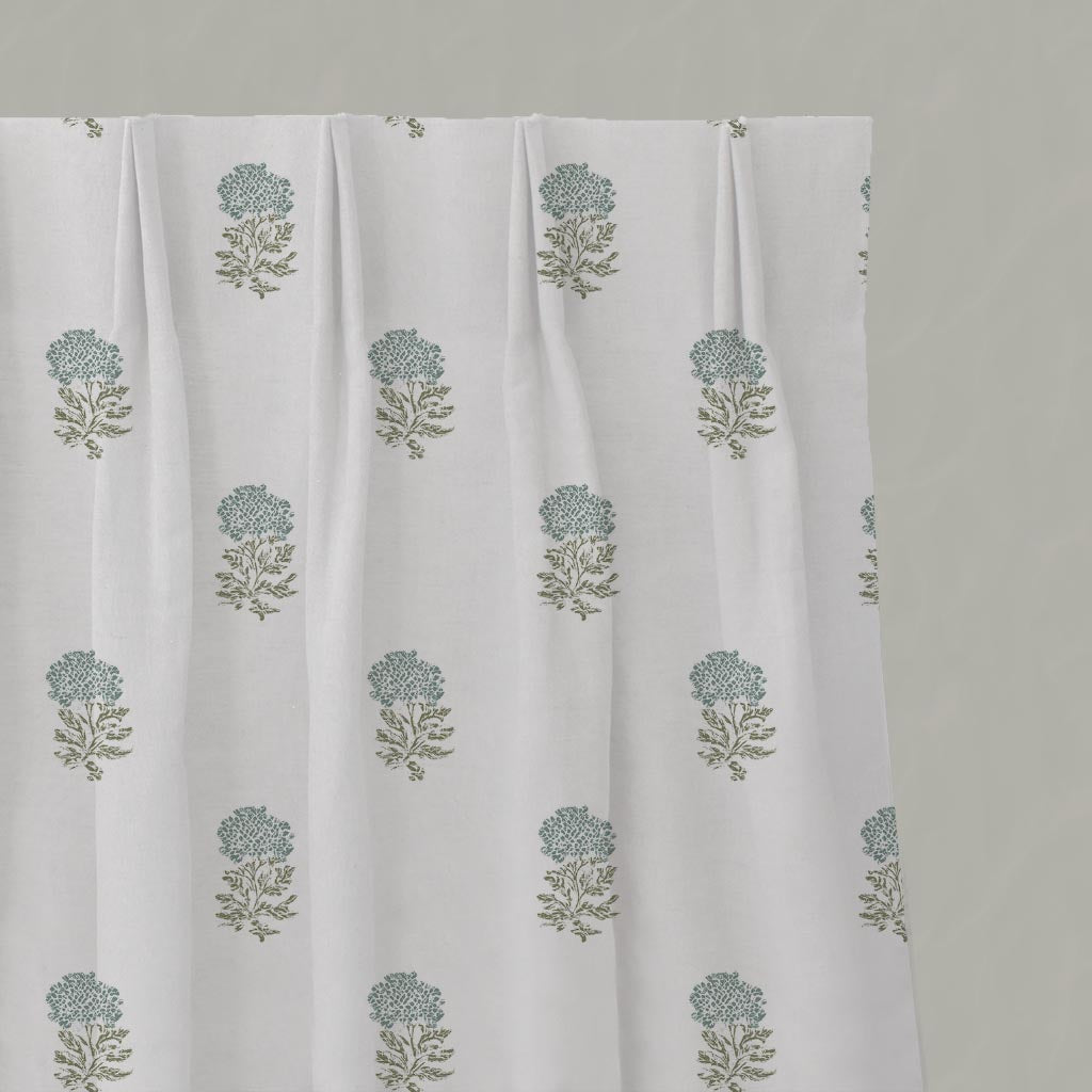 Light Green Floral Linen Pleated Curtain - Pearlie Sage-WHT - White base fabric.