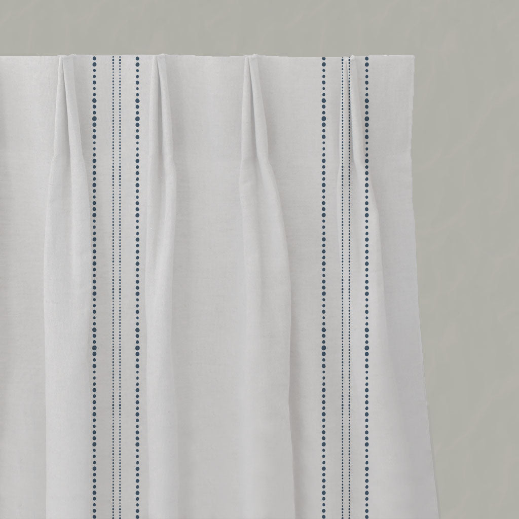 Blue Striped Linen Pleated Curtains - Reyna Ink-WHT - White base fabric.