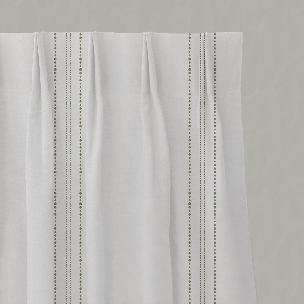 Green Striped Linen Pleated Curtains - Reyna Moss-WHT - White base fabric.