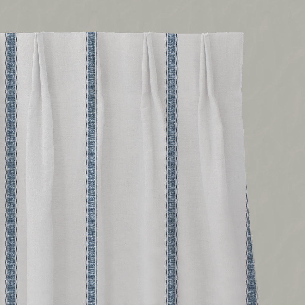 Blue Striped Linen Pleated Curtains - Rune Ink - White base fabric.