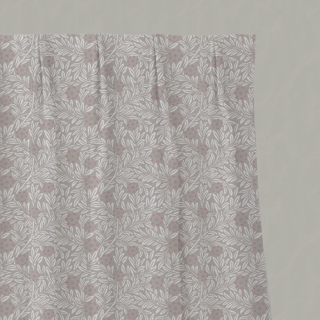 Grey / Pink Floral Linen Pleated Curtains - Ruth Peony - White base fabric.