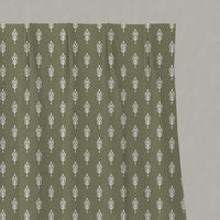 Green Botanical Linen Pleated Curtains - Sariann-INV Moss - White base fabric.