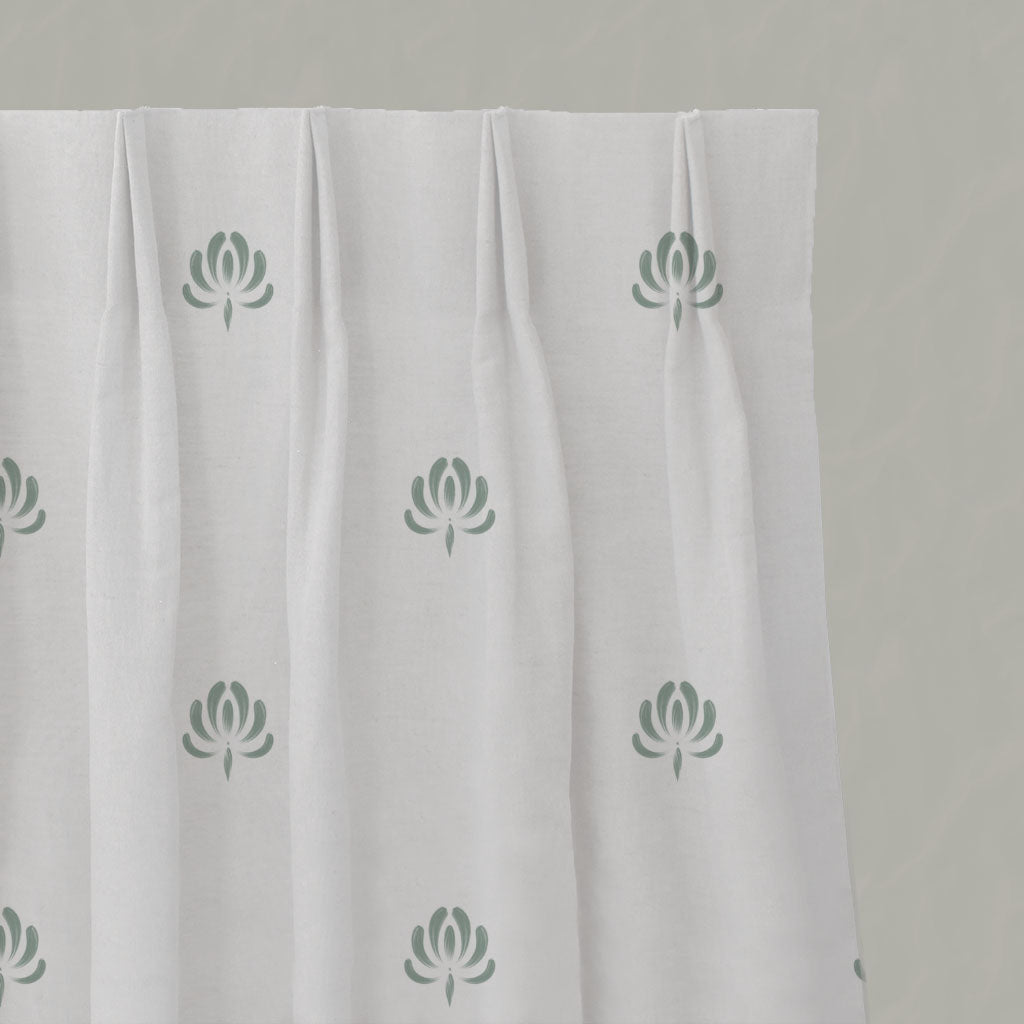 Green Floral Linen Pleated Curtains - Sarianna Meadow - White base fabric.