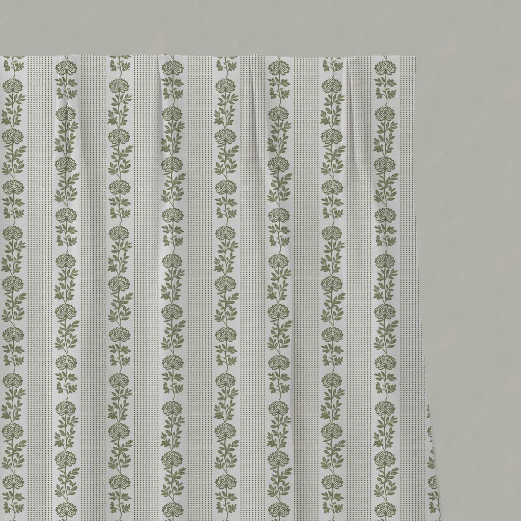 Green Floral Stripe Linen Pleated Curtain - Skye Moss-WHT - White base fabric.