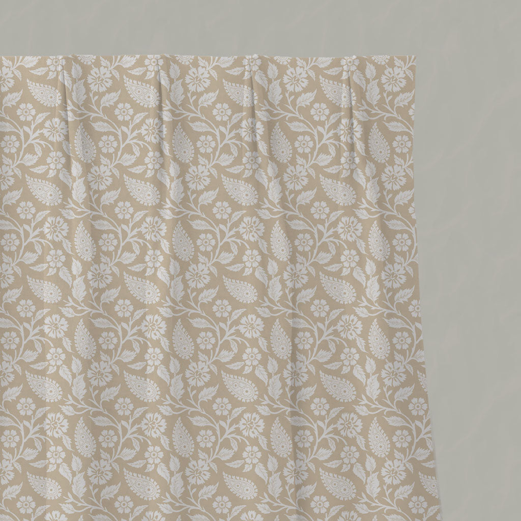 Neutral / Brown Floral Linen Pleated Curtains - Sonja Powder Sand - White base fabric.