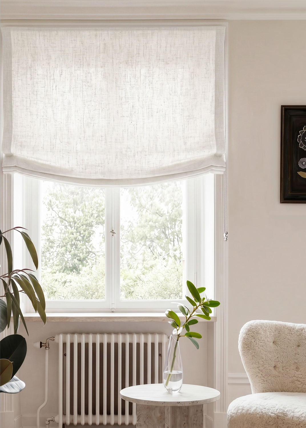 Pure White 100% Linen Relaxed blind. Beata Brilliant White by Ada & Ina