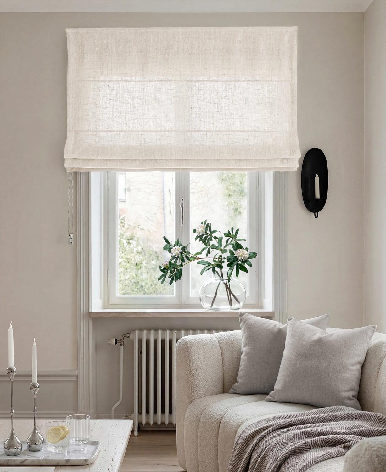 Pure White 100% Linen Roman blind. Beata Brilliant White by Ada & Ina Fabrics