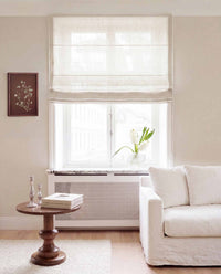 Pure White Linen Roman blind. Made of 280 cm wide soft 100% Linen fabric Vilgot Pure White by Ada & Ina